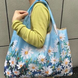 Floral Daisy Print Blue Tote Bag - 15.75x22.83 xl